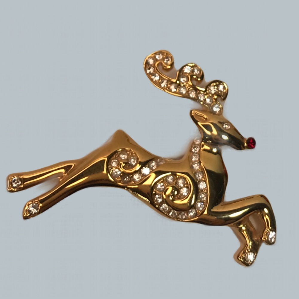 Monet Gold Tone Rudolph Reindeer Rhinestone Brooch Pin